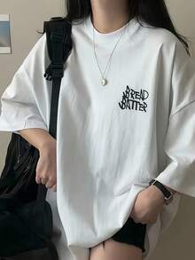 100% Cotton. Casual Short-Sleeved Printed T-Shirt. 1pac Korean-Style Loose-Fitting Unisex Casual T-Shirt With Simple Letter Print, Short-Sleeved Summer Sports Top. Spring And Summer Top. - 白色 - 查看 2