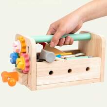 1 Set Wooden Children's Tool Box Toy, Realistic Nut & Bolt Assembly Combination With Hammer, Wrench, Gears, Natural Wood Tool Workbench, Early Education Puzzle Toy To Develop Hands-On Ability - Multicolor - View 9