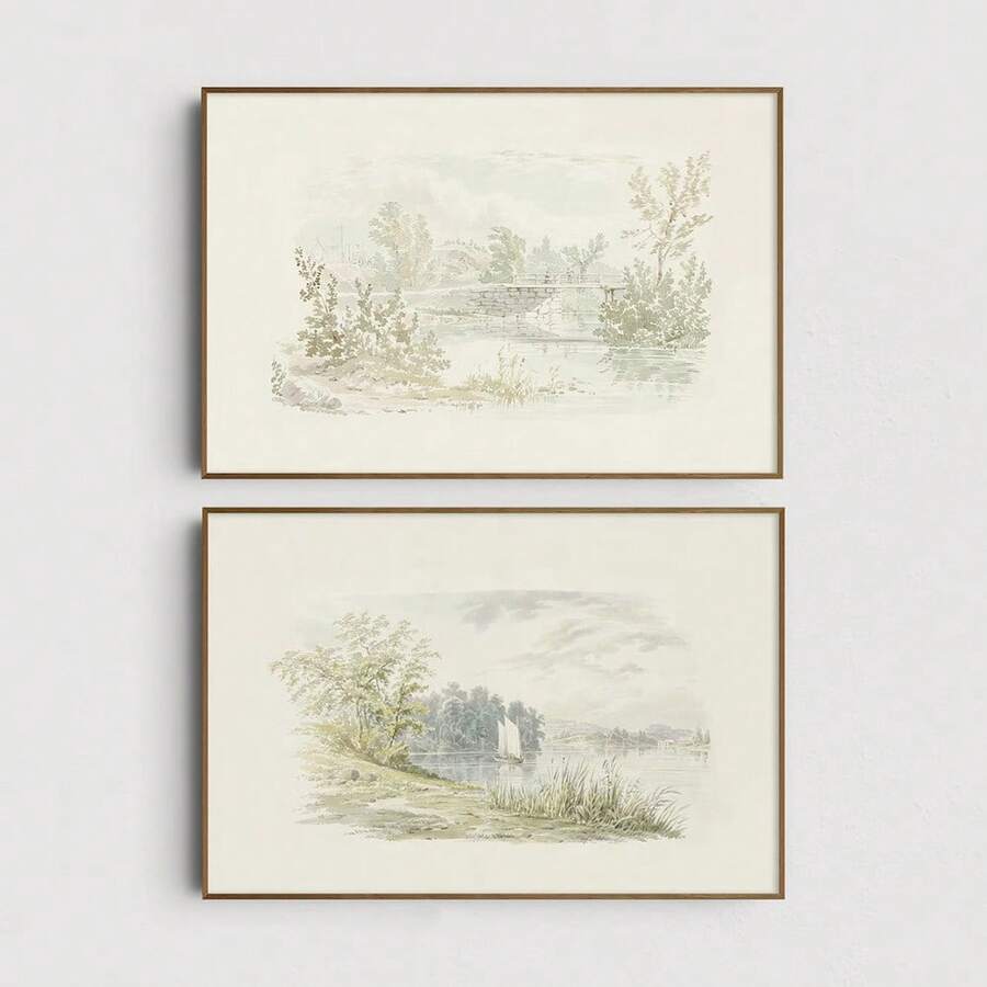 Bộ 1/2 tấm tranh in canvas phong cảnh đồng quê vintage mộc mạc có khung/không khung, hình cây cầu hồ trang trại phong cách Cottagecore, tranh treo tường trang trí hành lang lối vào, phòng khách, phòng ngủ, decor nhà hiện đại - A - Xem 1