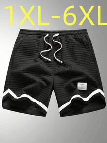 Plus Size Shorts, Men's Plus Size Casual Plaid Knit Shorts, With Colorblock Design, Drawstring, Multiple Pockets - Breathable Polyester Waffle Fabric, Regular Fit, Slight Stretch, 250g/M² - Summer Outdoor Apparel - Black - View 12