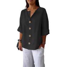 2026 Summer New Loose Short-Sleeve T-Shirt For Women, V-Neck Cotton-Linen Button Top - Milky - View 8