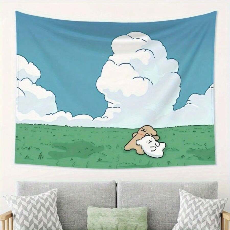1pc Of "Cute Cartoon Line Dog Background Cloth" "Spring Line Dog Wall Hanging Cloth" Is A Decorative Hanging Cloth With A Cartoon Anime Theme, Suitable For Creating A Warm And Healing Atmosphere In Spaces Like Dormitories And Bedrooms - 彩色 - 查看 1