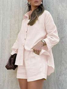 Women's Casual Street Style Distinctive Minimalist Bright Yellow Blouse And Shorts 2 Pieces Set, Spring/Summer Pink - Pink - View 5