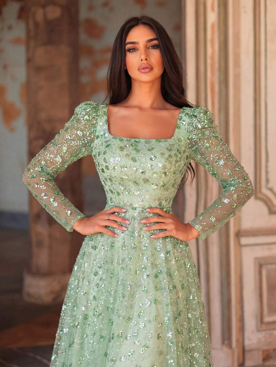 Faeriesty Long Sleeve Sequin & Beaded Embellished Formal Gown - Luxurious Layered Sheer Design And Alluring Shimmer Effect Vacation Wedding Party - Green - View 1