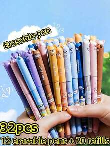 32/14/1 Erasable Pen Set, Includes 12 Pens + 20 Refills, Multiple Cartoon Pattern Center Pens, 0.5mm Blue Ink Ballpoint Pens, Built-In Eraser, Quick-Drying, Comfortable Grip, Perfect For Note-Taking And Writing, Office Supplies, School Supplies, Back To School Essential - Erasable Pen Set - View 10