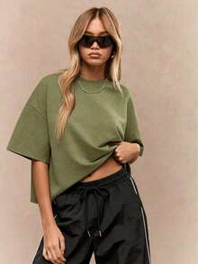 Oversized Heavy T-Shirt Modern Streetwear Essential Boxy Cut Casual Summer Basic Loopback Top Ultra Soft Minimalist Urban Fashion Staple-Unisex Summer Casual Vintage Cotton Printed T-Shirts For Couples - 綠色 - 查看 1