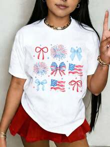 1 Pack Of Girls' Casual Printed Round Neck Short Sleeve T-Shirts, Summer Clothes For Young Students - 白色 3 - 查看 1