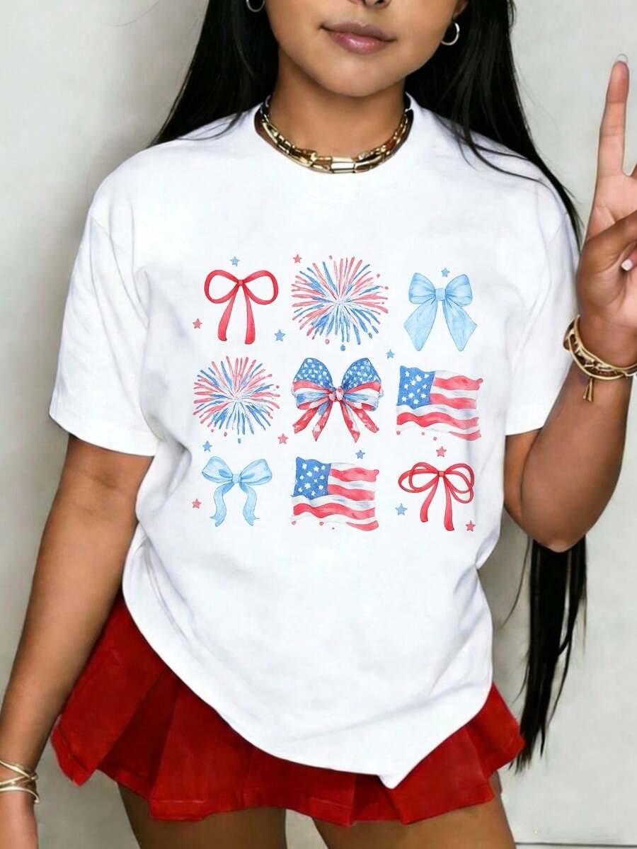 1 Pack Of Girls' Casual Printed Round Neck Short Sleeve T-Shirts, Summer Clothes For Young Students - 白色 3 - 查看 1