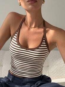 Camiseta sin tirantes acanalada, casual y versátil, para primavera/verano - Marrón - Ver 3
