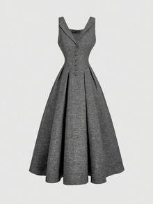 Vestido de unicolor con cuello texturizado, botones delanteros y cintura ceñida para mujer - Gris Oscuro - Ver 1