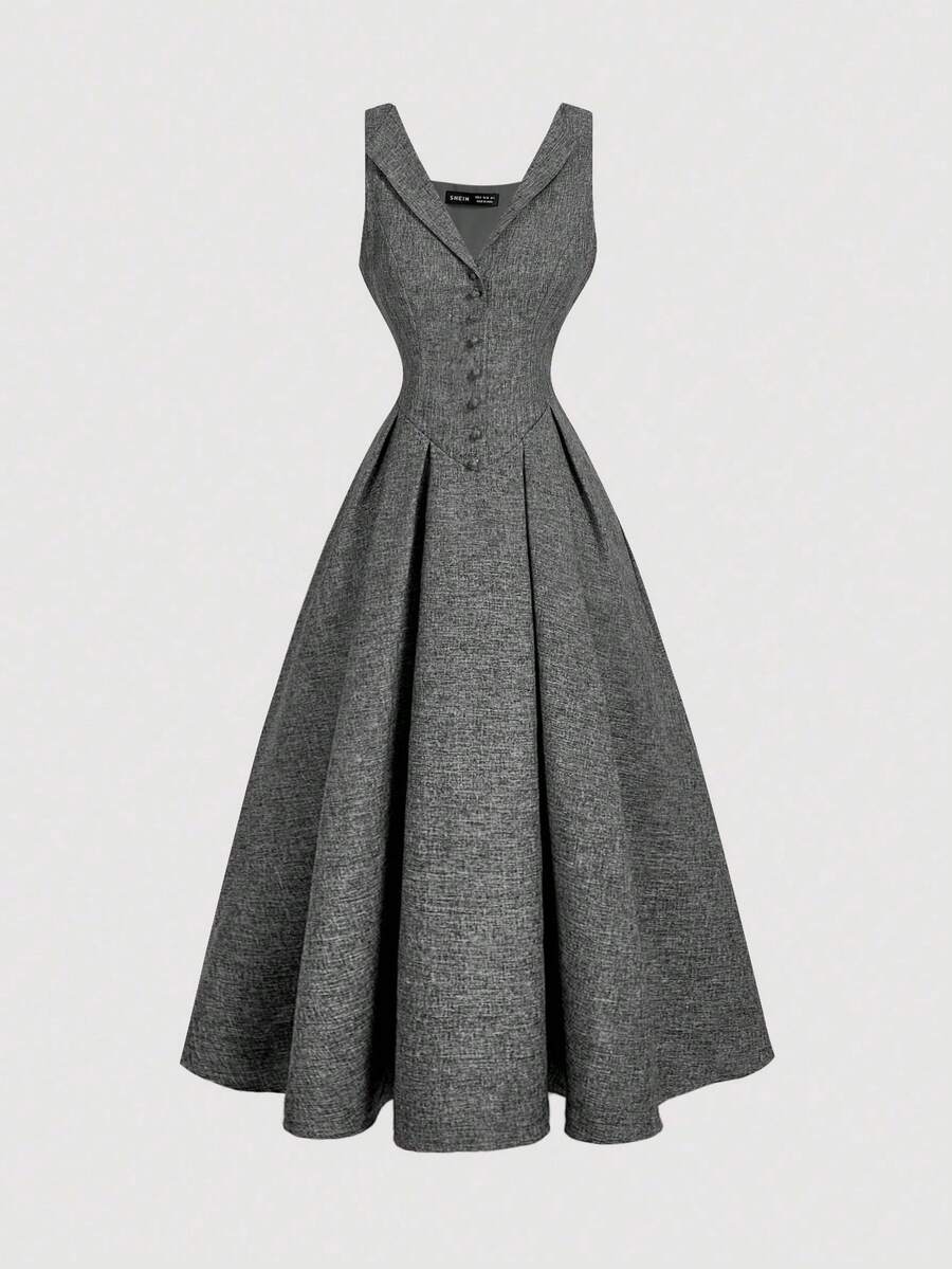 Vestido de unicolor con cuello texturizado, botones delanteros y cintura ceñida para mujer - Gris Oscuro - Ver 1