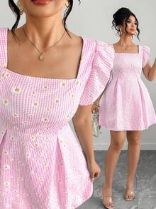 Vestido de línea A con cuello cuadrado y mangas abullonadas con estampado floral de margaritas para mujer de talla grande, vestido de mangas abullonadas con estampado de margaritas a rayas azules retro y dulce, vestido corto de verano con cuello cuadrado y mangas cortas con estampado floral pequeño, adecuado para uso diario, compras o reuniones con amigos - Rosa Pálido - Ver 1