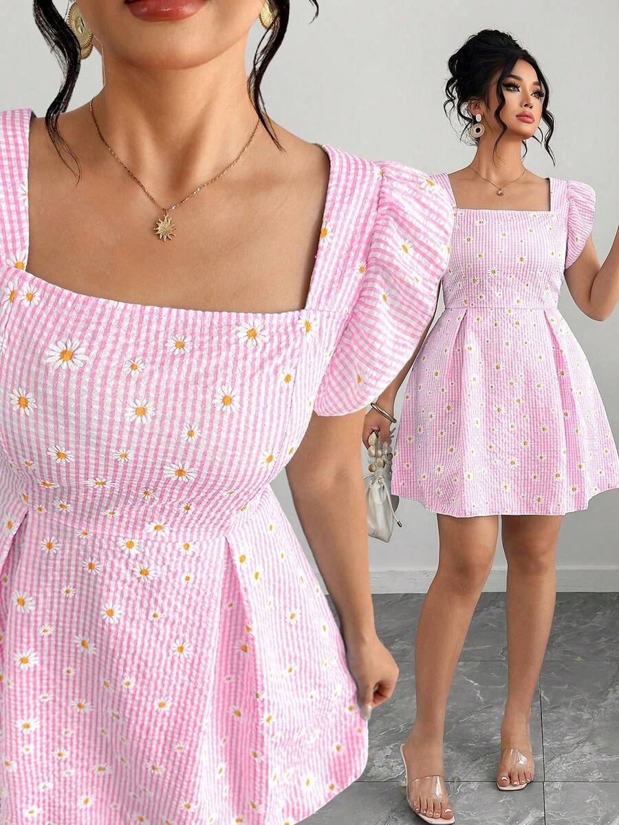 Vestido de línea A con cuello cuadrado y mangas abullonadas con estampado floral de margaritas para mujer de talla grande, vestido de mangas abullonadas con estampado de margaritas a rayas azules retro y dulce, vestido corto de verano con cuello cuadrado y mangas cortas con estampado floral pequeño, adecuado para uso diario, compras o reuniones con amigos - Rosa Pálido - Ver 1