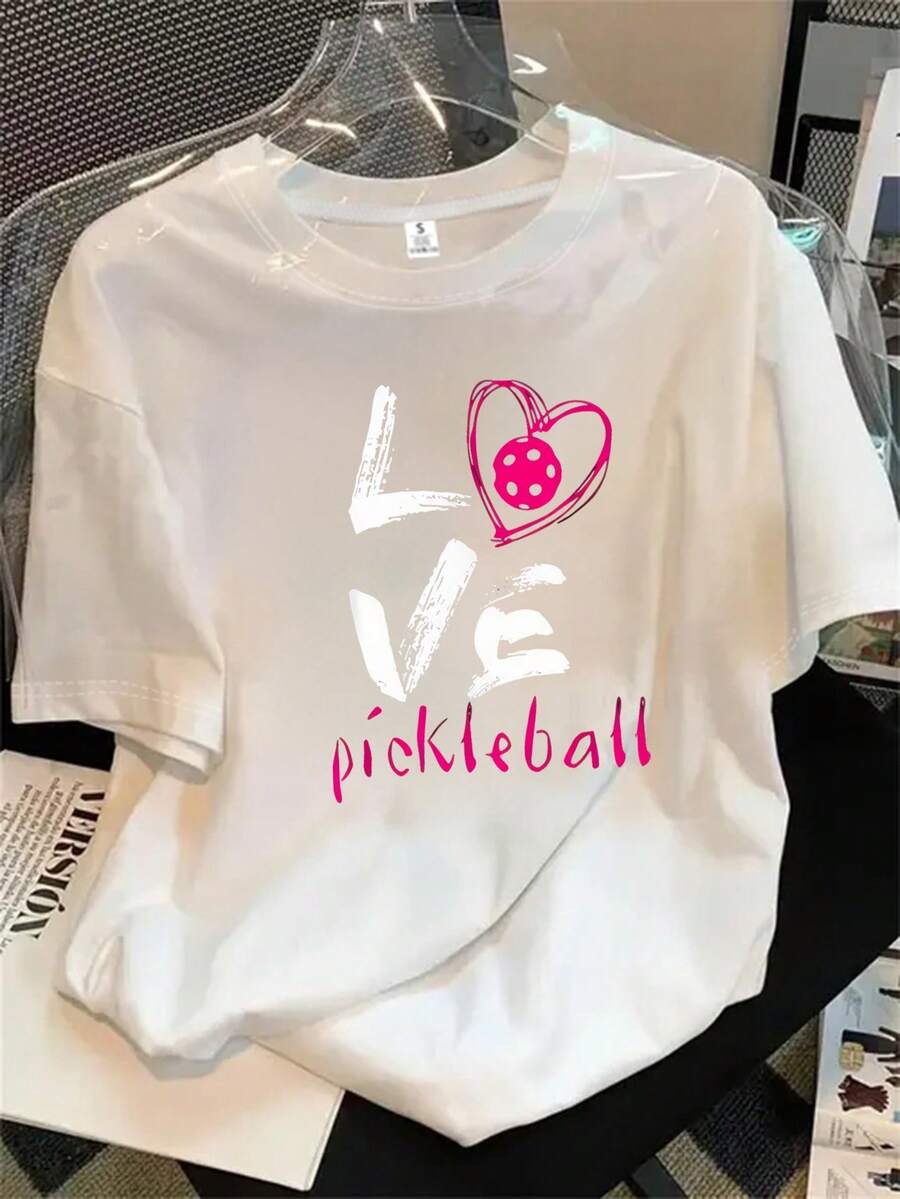 Top de mujer de cuello redondo y manga corta con estampado de corazón rosa y palabra "amor", apto para todas las estaciones. - Blanco - Ver 1