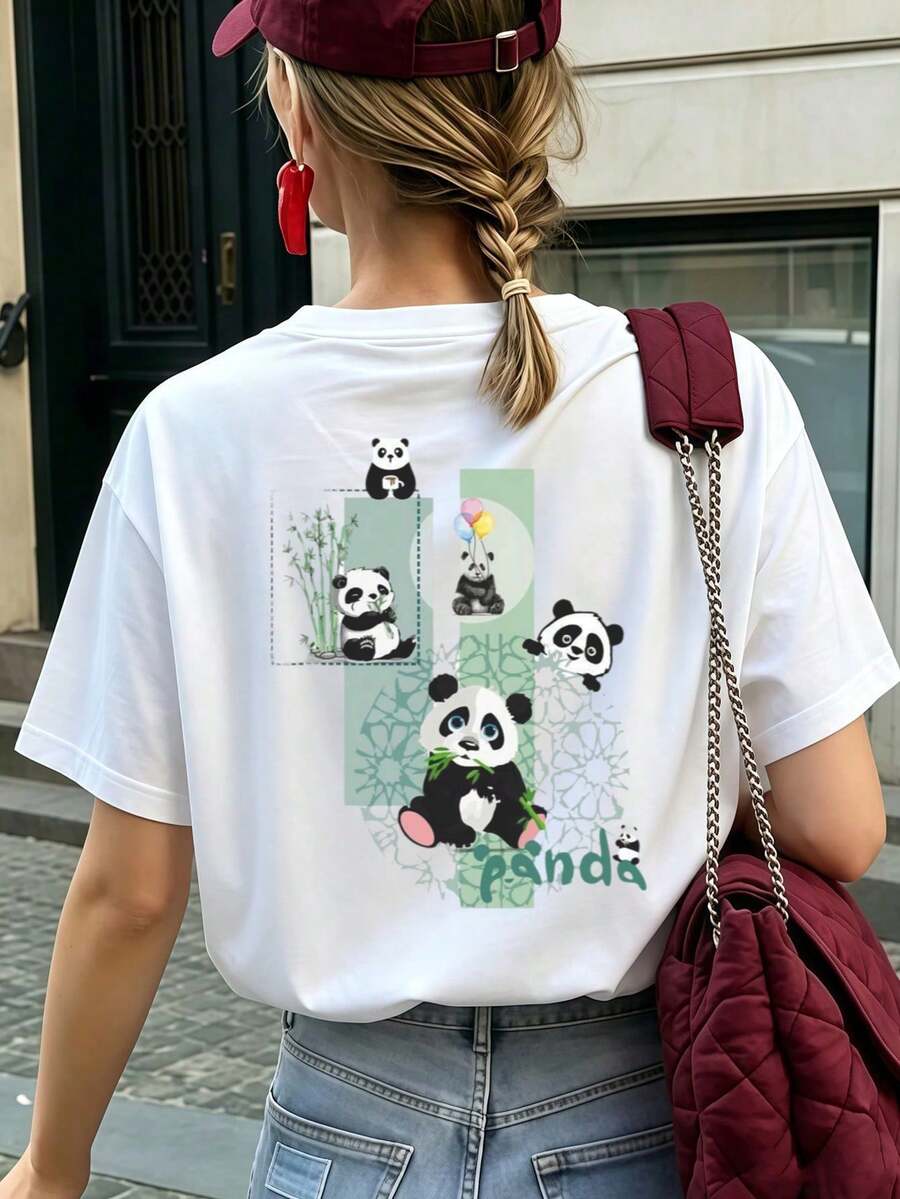 Vintage Spring/Summer New Arrival 100% Cotton T-Shirt With Panda Pattern - Perfect For Casual Comfort, Ideal For Daily Wear, Commuting, And Vacation Trips. - White - View 1