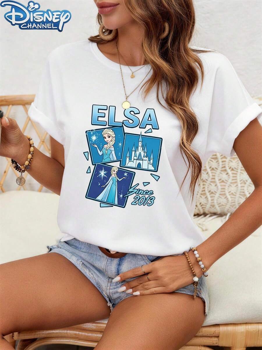 Frozen Princess Elsa Disney Women's Casual Round Neck Short Sleeve T-Shirt, Suitable For Wearing In Spring/Autumn/Summer, With A Loose Fit That Accommodates Various Body Types. It Is Also An Ideal Choice For Occasions Such As Women's Tops, Festival Wear, Vacation Wear, Holiday Attire, And Office Clothing. - White - View 1