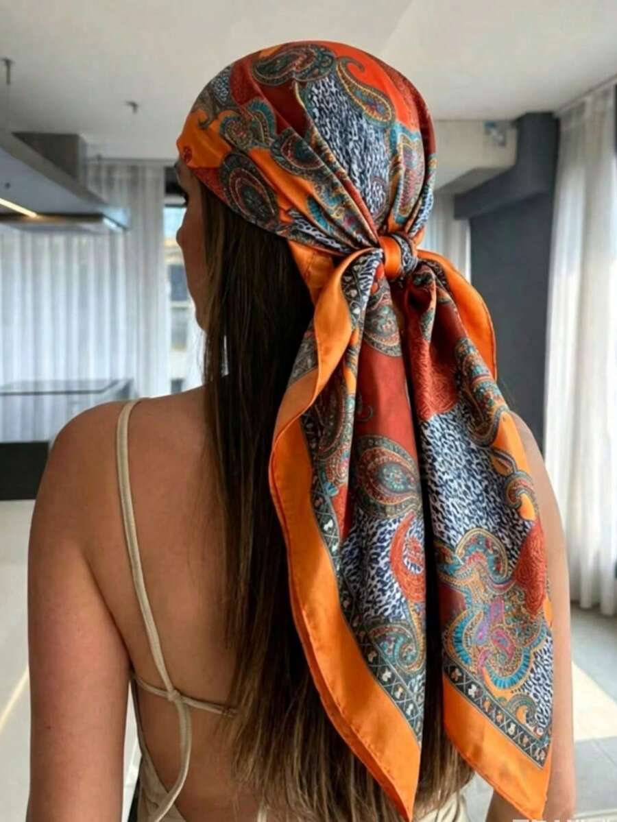 1pc Lady's Paisley Pattern Square Scarf, A 90-Centimeter Large Lady's Satin Square Scarf With Smooth Texture As A Headscarf/Hatscarf - Orange - View 1