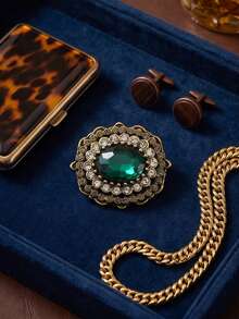 1pc Vintage Palace Style Rhinestone Alloy Brooch, Minimalist Fashion Accessory For Women Daily Outfit, Coat & Jacket Decoration - Green - View 9