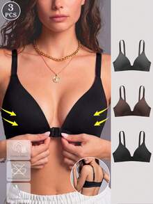 3 piezas Sujetadores de algodón sólidos con cierre frontal cómodo y sin cables, con copas suaves y tirantes ajustables para mujeres con escote en V - Multicolor - Ver 2