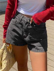 Teen Fashion Straight Leg Denim Shorts - Grey - View 3