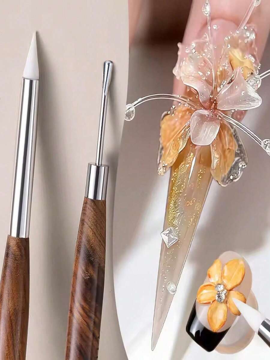 1支双头硅胶木柄多功能美甲雕刻笔，适用于凝胶美甲雕刻、绘画、图案设计、凝胶调整及其他DIY美甲工具