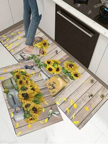 1pc Sunflower Kitchen Rug Mat, Rubber Material Kitchen Decor Sunflower Pattern, Farmhouse Style Anti-Fatigue Non-Slip Mat, Washable Standing Mat, Life Laugh Love Theme Kitchen Rug - Multicolor - View 3