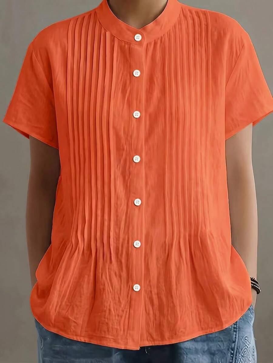 Camisa blanca elegante de cuello alto para mujer, manga corta plisada en todo el Body, ajuste holgado, tela con caída, unicolor cereza YTD para uso diario, vacaciones y verano - Naranja Quemada - Ver 1