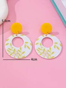 1 Pair Fashion Yellow & White Polka Dot Floral Pattern Acrylic Geometric Water Drop Round Dangle Earrings, Suitable For Daily Wear - Yellow - View 4