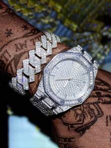 2pcs Men's Hip-Hop Business Diamond-Studded Roman Dial Calendar Wristwatch - 2pcs - View 5