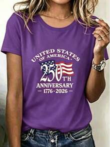 Loose V Neck Red Women's Tee Curved American Text Floating Star Strip Flag Print, Silky Smooth Top For Patriotic Anniversary Holiday Wear - 紫色 - 查看 14