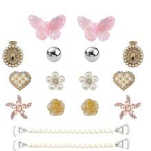 Light Luxury Pink Gold Iridescent Butterfly Clog Shoe Charms, Pearl Rhinestone Flower & Starfish Alloy Shoe Decoration Set, Compatible With Clogs - Pink - View 10