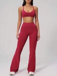 NcmRyu Women's One Set Solid Color V-Neck Multi-Strap Crisscross Back Hollow Out Backless Sports Bra High-Waist Flare Pants Sports Set - Red - View 6