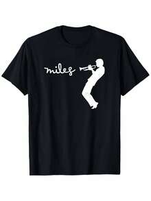 Camiseta con silueta de trompeta de Miles Davis - Regalo para fanáticos de la música - Camiseta gráfica vintage - Negra con estampado geométrico blanco, mangas cortas, cuello redondo, tela elástica de densidad media, comodidad para todas las estaciones, corte regular para hombres y mujeres, ropa icónica de músico de jazz. - Negro - Ver 1