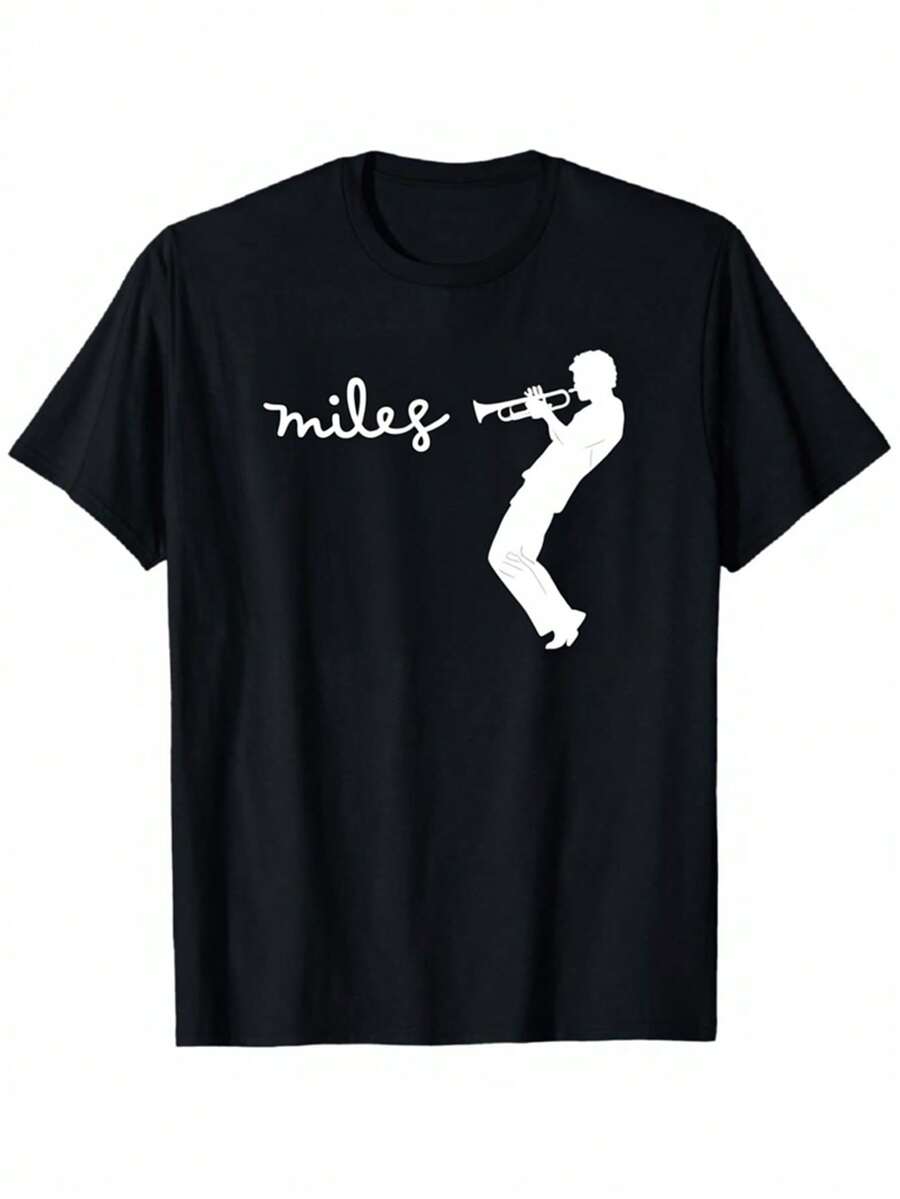 Camiseta con silueta de trompeta de Miles Davis - Regalo para fanáticos de la música - Camiseta gráfica vintage - Negra con estampado geométrico blanco, mangas cortas, cuello redondo, tela elástica de densidad media, comodidad para todas las estaciones, corte regular para hombres y mujeres, ropa icónica de músico de jazz. - Negro - Ver 1