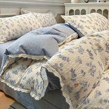 4-Piece Ruffled Duvet Cover Set, Soft And Comfortable Bedroom Bedding, Ruffled Design With Cute Floral And Cartoon Animal Patterns, Breathable And Soft All-Season Bedding Set, Includes 1 Duvet Cover, 1 Bed Sheet, 1 Or 2 Pillowcases, No Filling, Suitable For Bedroom, Dorm, Home Use, Multiple Size Options - Baby Blue - View 5