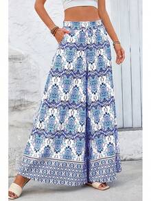 [Free Shipping]Women Wide Leg Pants Casual High Waist Floral Palazzo Pants For Women Flowy Lounge Boho Beach Trousers Pockets Women's Wide Leg - 藍色 - 查看 6