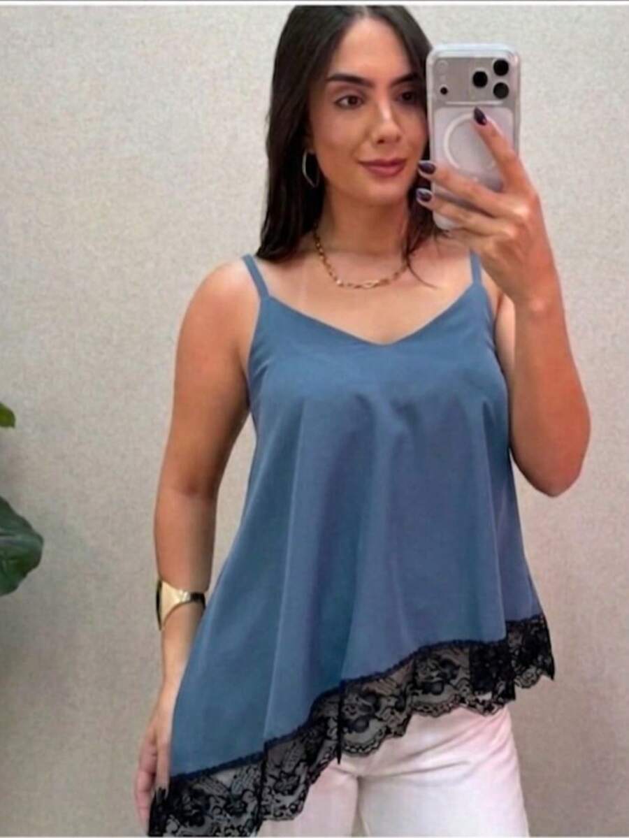 Women's Tank Top With Delicate Lace, Thin Asymmetrical Straps, Elegant Casual Fashion, One Size - 霧霾藍 - 查看 1