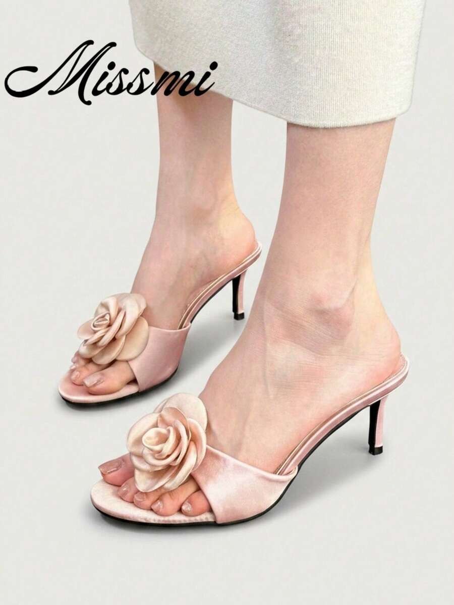 Pink Rose Pointed Satin Flower Mule High Heel Sandals For Women, Summer - Pink - View 1