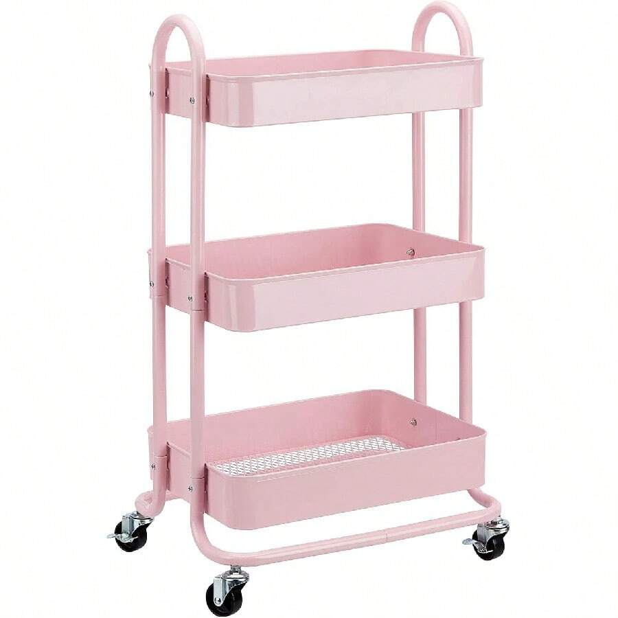3-Tier Rolling Kitchen Cart White Rolling Utility Cart With Wheels Storage Organizer For Home Office - Dusty Pink - View 1