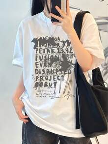Camiseta de manga corta con estampado de letras Y2K para mujer, top holgado de estilo Ins para verano - Blanco - Ver 2