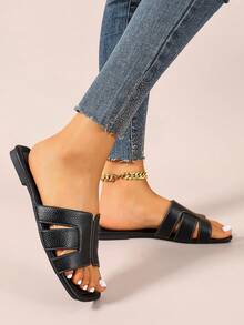Ximi Ruo Women's Spring/Summer New Fashion Casual Slides, Comfortable Flat Heel Sandals, Beach Shoes, Low Heel Round Toe Minimalist Outdoor Slides, Versatile Decorative Flat Sandals For Summer - Black - View 3