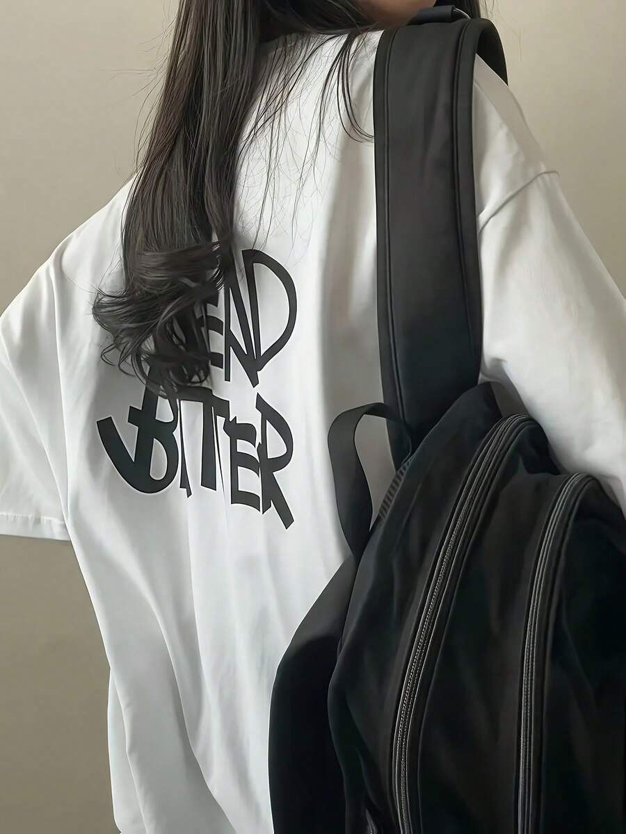 100% Cotton. Casual Short-Sleeved Printed T-Shirt. 1pac Korean-Style Loose-Fitting Unisex Casual T-Shirt With Simple Letter Print, Short-Sleeved Summer Sports Top. Spring And Summer Top. - 白色 - 查看 1