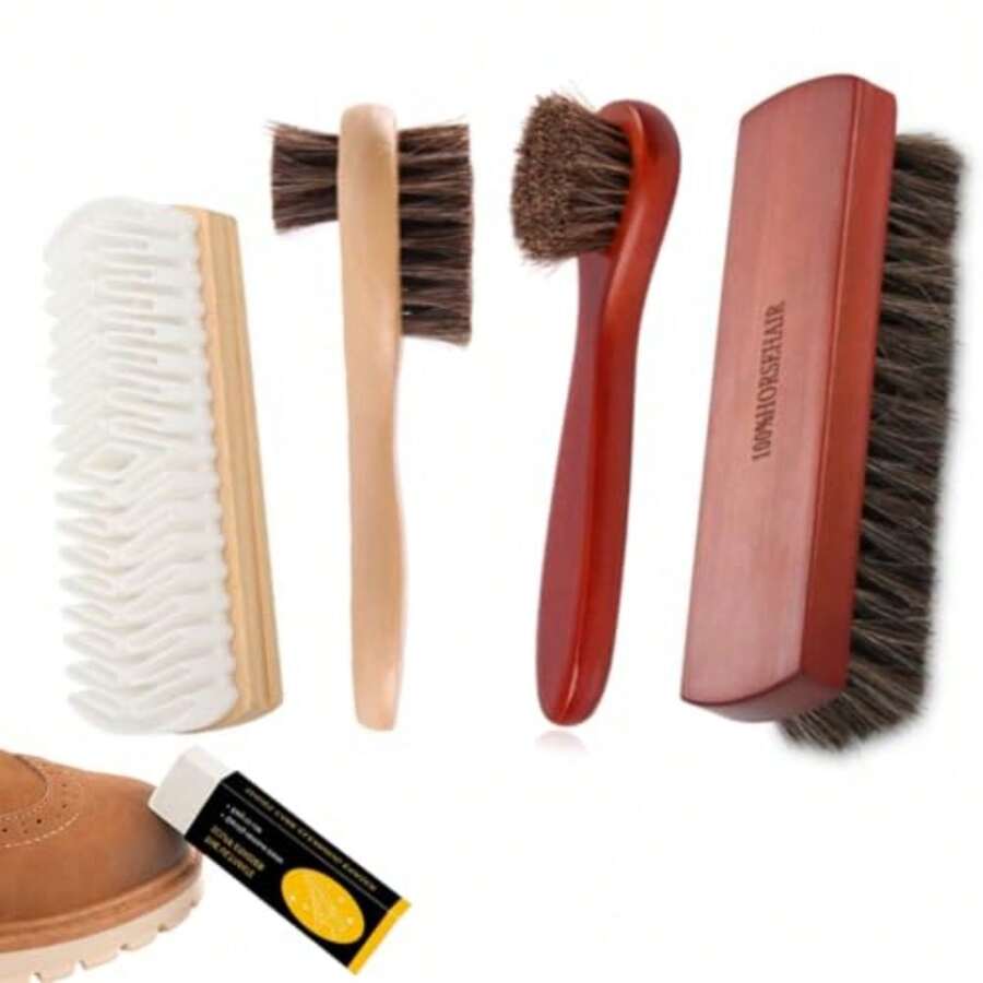Cepillo de Pelo de Caballo Set de 5 Piezas Cepillo de Zapatos, Cepillo de Cuero, Zapatos de Gamuza, Set de Cuidado de Zapatos, Cepillo de Zapatos para Limpieza o Pulido, Regalo del Día del Padre - Cabello negro - Ver 1