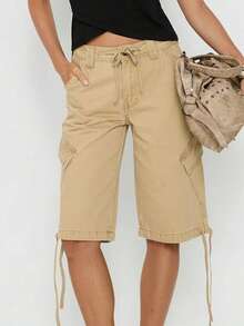 Cargo Shorts For Women Elastic Waist Knee Length  Shorts Summer Outdoor Waterproof Hiking Pants With Pockets - 卡其色 - 查看 2
