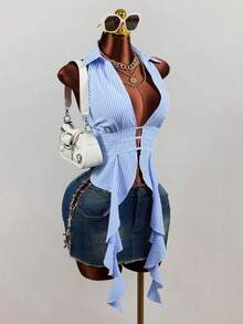 Camisa de mujer con rayas y espalda descubierta - Blanco - Ver 1