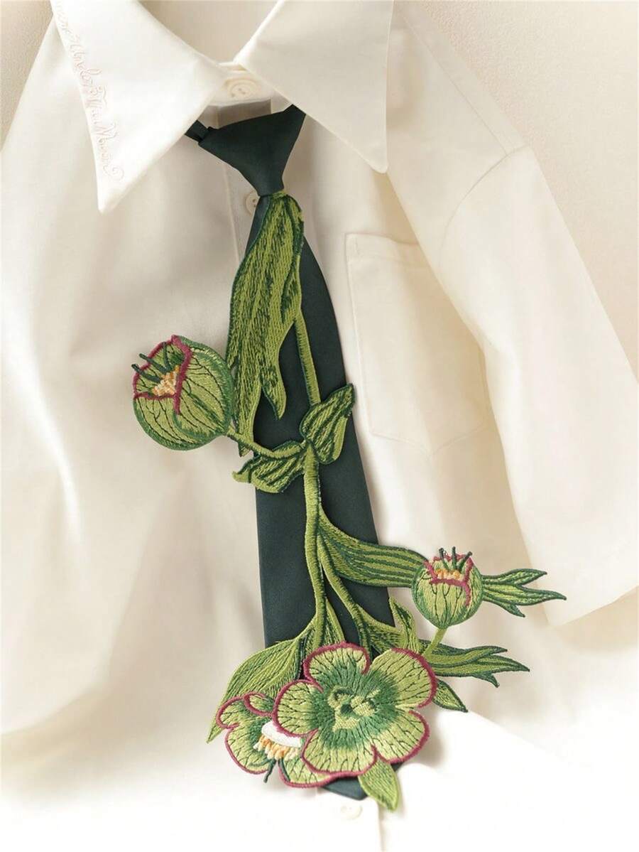 1件精緻刺繡花卉領帶，免繫領帶，復古文藝復興風格復古領帶，獨特小眾優雅設計感，適合襯衫、派對、度假