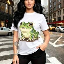 Camiseta de mujer con estampado de rana verde brillante sobre nenúfar con brillos - camiseta casual de manga corta, ajuste cómodo y estilo urbano moderno - ideal para paseos por la ciudad, salidas diarias y regalo perfecto para mamá, esposa, novia, h - Blanco - Ver 11