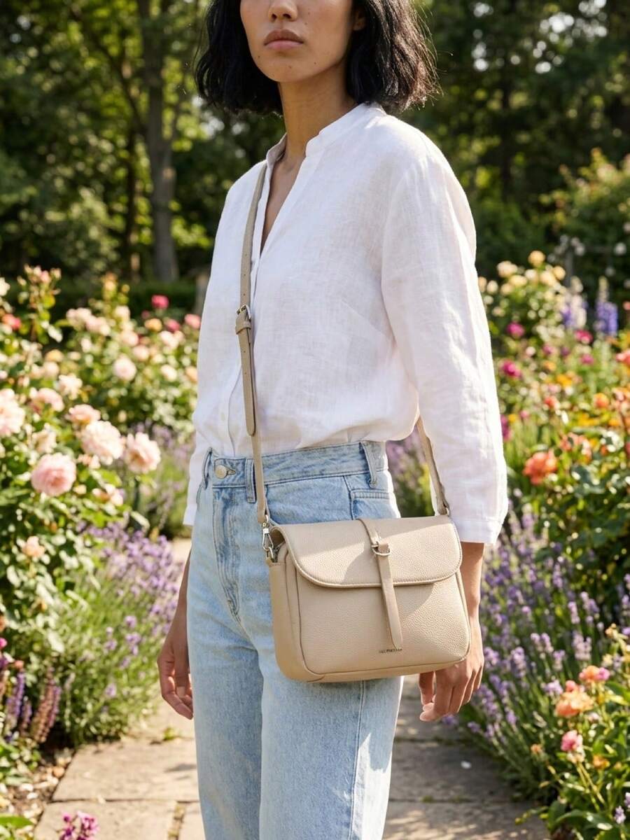 Túi đeo vai nữ, túi đeo chéo (kiểu messenger), túi xách có cấu trúc (satchel), thanh lịch, hiện đại, dùng hàng ngày, cổ điển, tối giản, đô thị, phù hợp đi làm, có cấu trúc, thời trang, sẵn sàng cho mùa xuân, dành cho nữ, mặc công sở, đi chơi, tiện dụng, thời trang. - Màu Khỏa thân - Xem 1