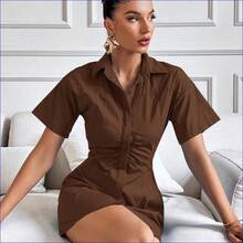 Vestido elegante de manga corta con cuello plegado de unicolor para mujer - Caqui - Ver 4
