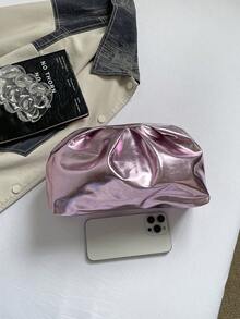 時尚純色女款晚餐手提包，PU皮革雲朵包，百褶磁扣迷你包，適用於購物與派對 - 粉色 - 查看 3